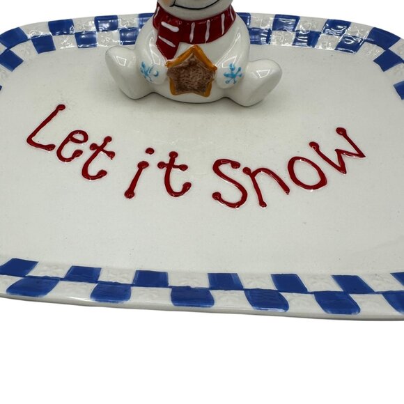 Christmas Snowman Serving Dish Plate Ceramic Pottery Let It Snow Blue White - Picture 3 of 11